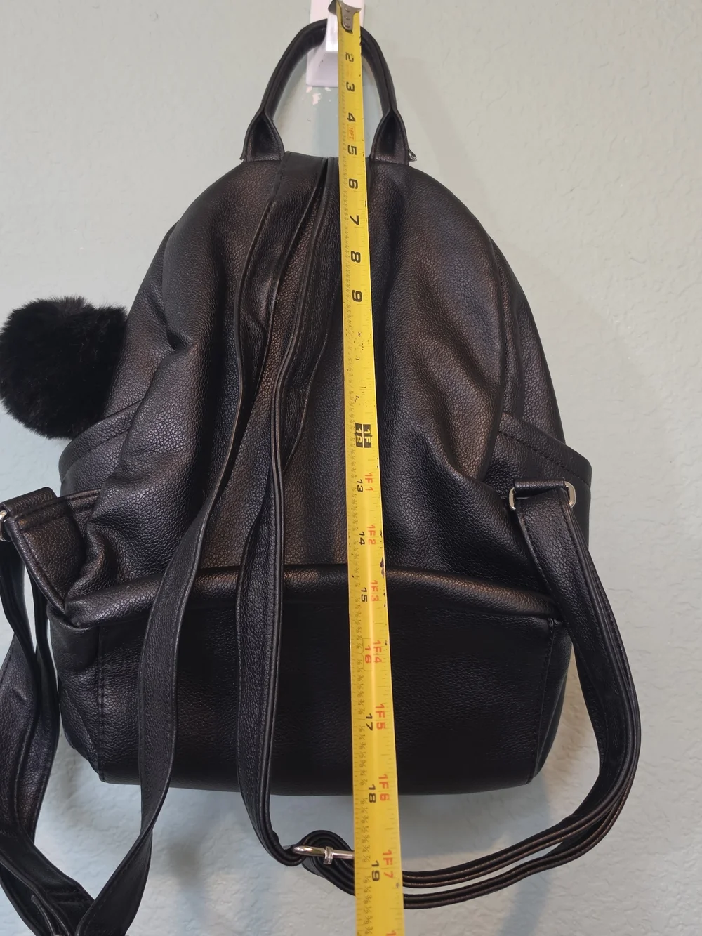 LD Brand Mini Black Pebbled Vegan Leather Backpack Y2k 90s Style Pom Pom Charm